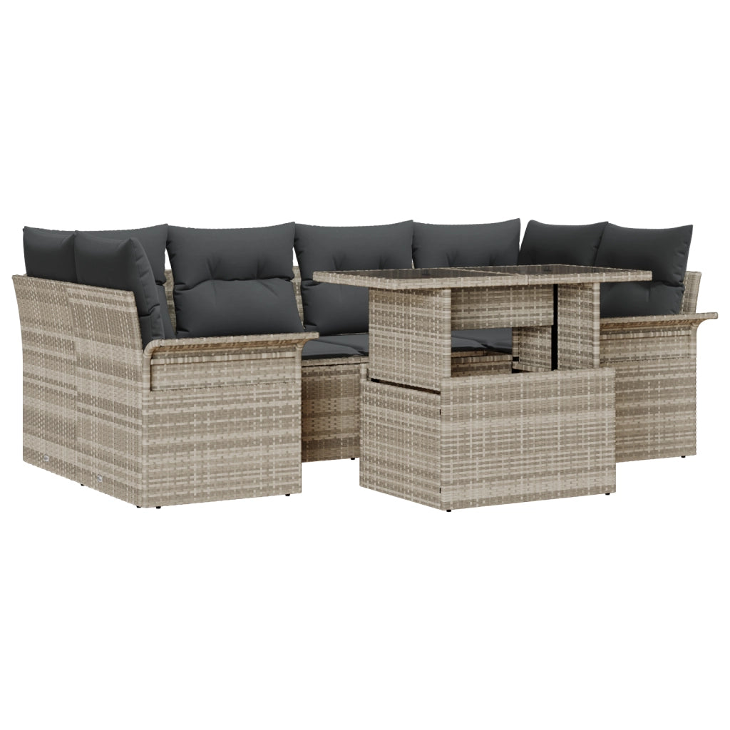 Set Divano da Giardino in 7 Pezzi con Cuscini Grigio Chiaro in Polirattan