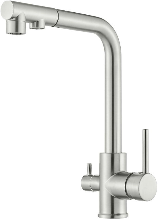 3 viei rubinetto da cucina, rubinetto da cucina rotante 360°, rubinetto 3 in 1 per filtro acqua, rubinetto acqua potabile con 2 maniglie, rubinetto da cucina 3 vie in acciaio inossidabile, lucidato
