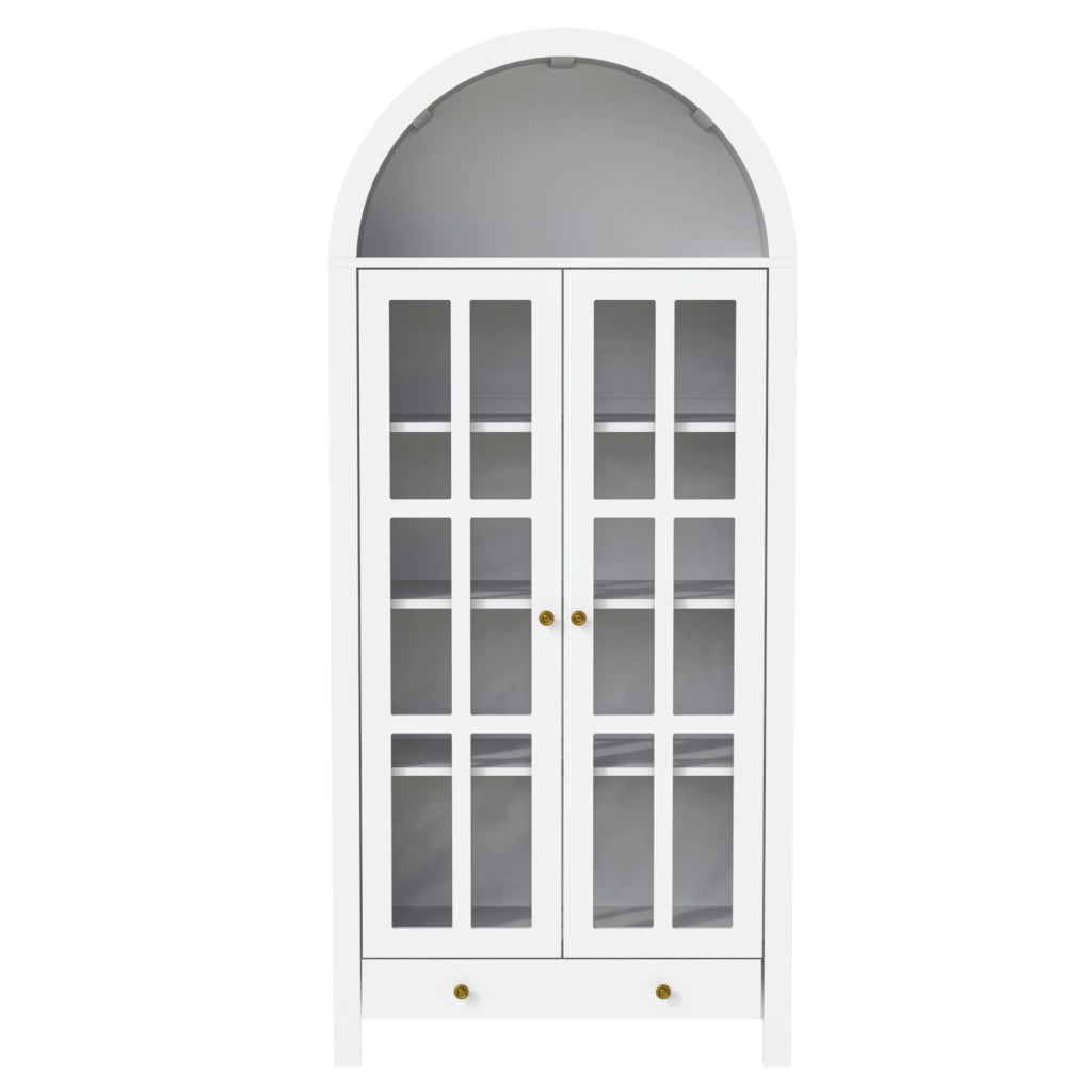 Vetrina ad arco con ripiani e 1 cassetto; per soggiorno; in MDF; 75×35×170.5 cm; bianco