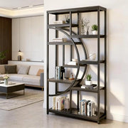 Libreria geometrica autoportante con 9 ripiani, struttura in metallo nero e legno, design moderno