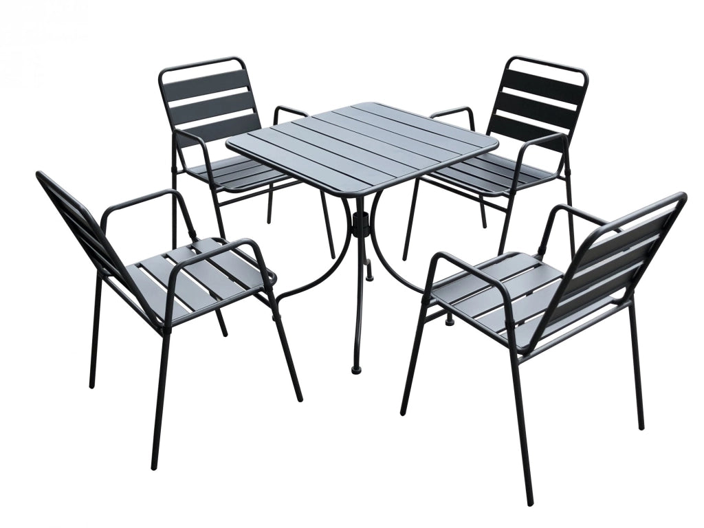 Set tavolo con 4 sedie impilabili da esterno in metallo antracite, Fredi Styrit