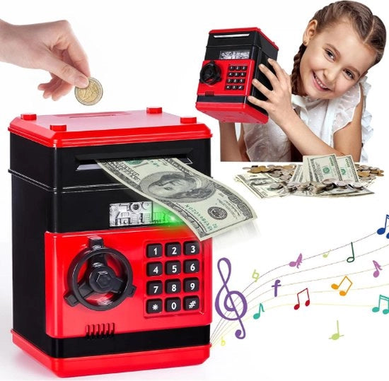 Cassa di Risparmio Elettronica - Contenitore di Denaro - Cassetto per Monete e Carte - Codice di Accesso - Regalo Perfetto - Nero/Rosso