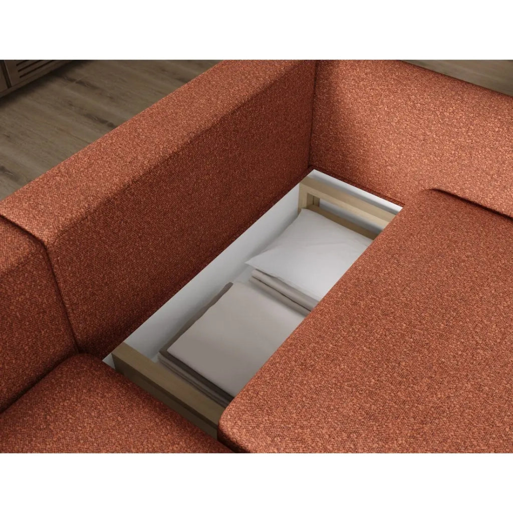 Divano angolare convertibile ARVESSA terracotta bouclette – Angolo sinistro con contenitore