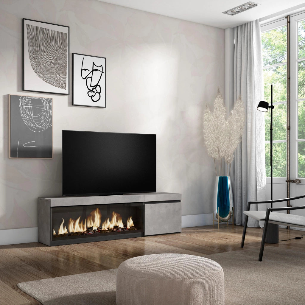 Mobile TV Soggiorno, 158x35x45cm, Per TV fino a 65", Camino elettrico XXL, grigio cemento RF3237