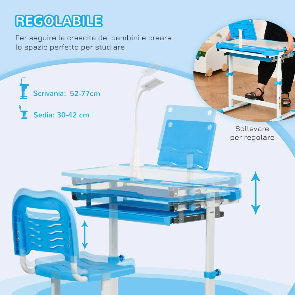 EasyComfort Banco Scuola con Sedia per Bambini 6-12 Anni con Altezza e Inclinazione Regolabile, Blu