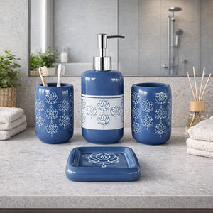 Set Accessori Bagno Ceramica 3 Pezzi Dispenser Sapone Portaspazzolini Blu