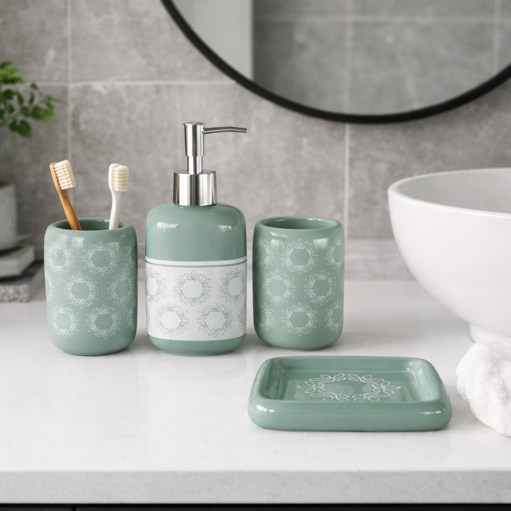 Set Accessori Bagno Ceramica 3 Pezzi Dispenser Sapone Portaspazzolini Verde