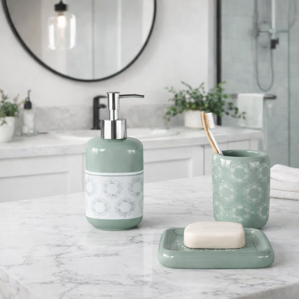 Set Accessori Bagno Ceramica 3 Pezzi Dispenser Sapone Portaspazzolini Verde