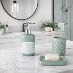 Set Accessori Bagno Ceramica 3 Pezzi Dispenser Sapone Portaspazzolini Verde