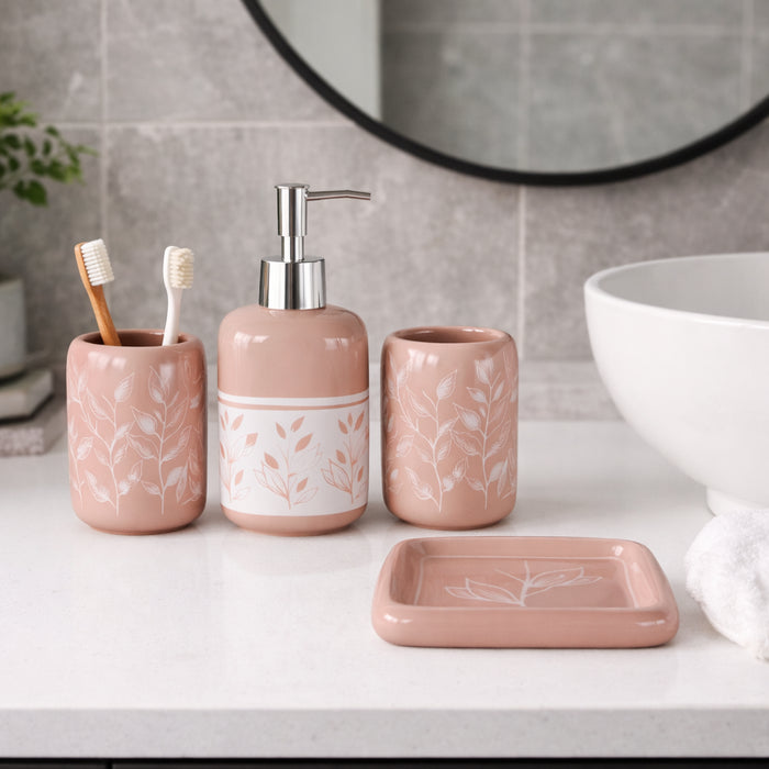 Set Accessori Bagno Ceramica 3 Pezzi Dispenser Sapone Portaspazzolini Rosa