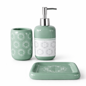 Set Accessori Bagno Ceramica 3 Pezzi Dispenser Sapone Portaspazzolini Verde
