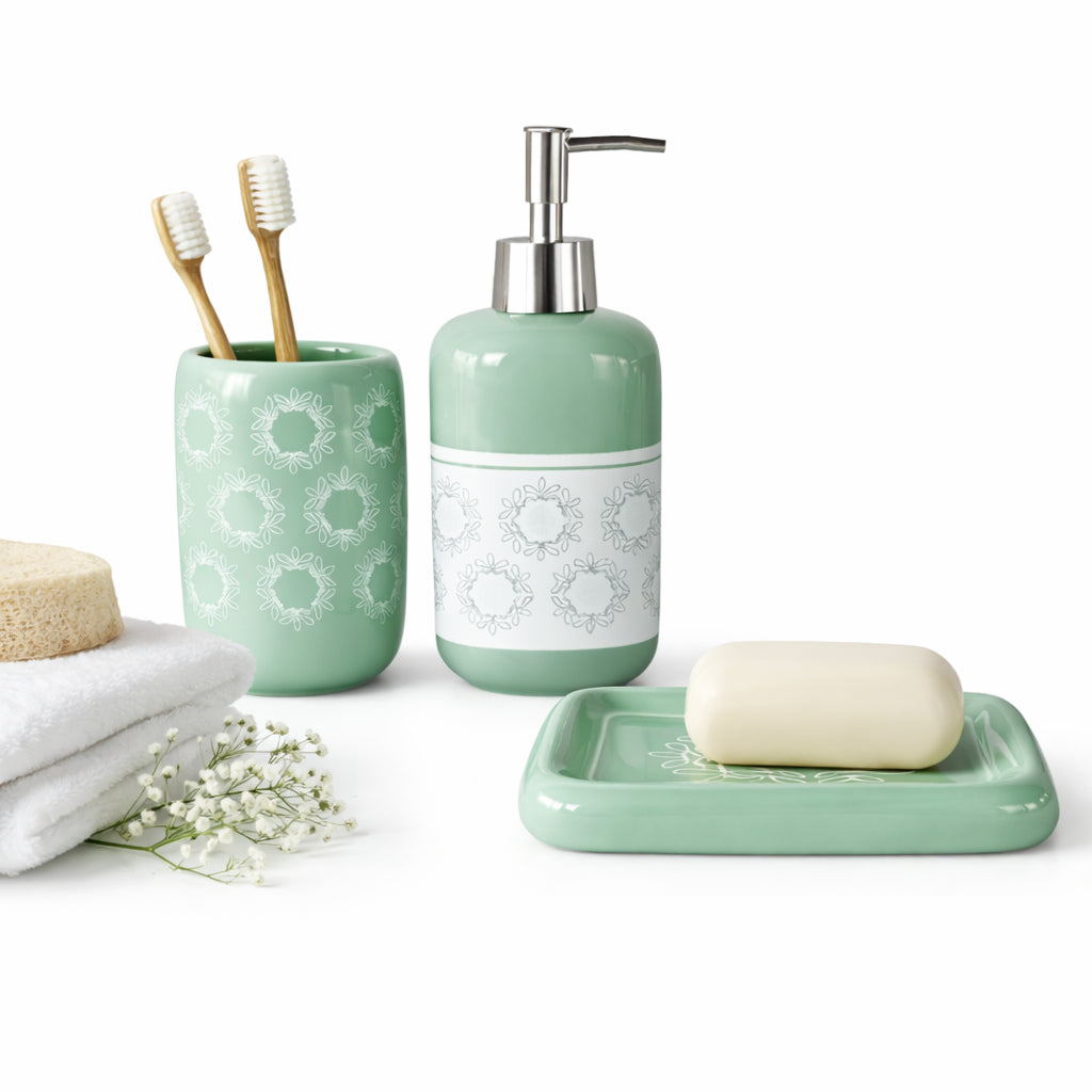 Set Accessori Bagno Ceramica 3 Pezzi Dispenser Sapone Portaspazzolini Verde