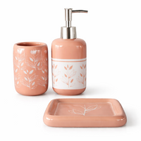 Set Accessori Bagno Ceramica 3 Pezzi Dispenser Sapone Portaspazzolini Rosa