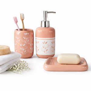 Set Accessori Bagno Ceramica 3 Pezzi Dispenser Sapone Portaspazzolini Rosa