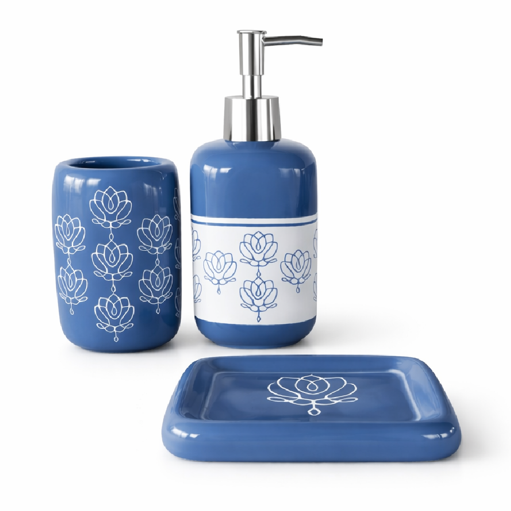 Set Accessori Bagno Ceramica 3 Pezzi Dispenser Sapone Portaspazzolini Blu