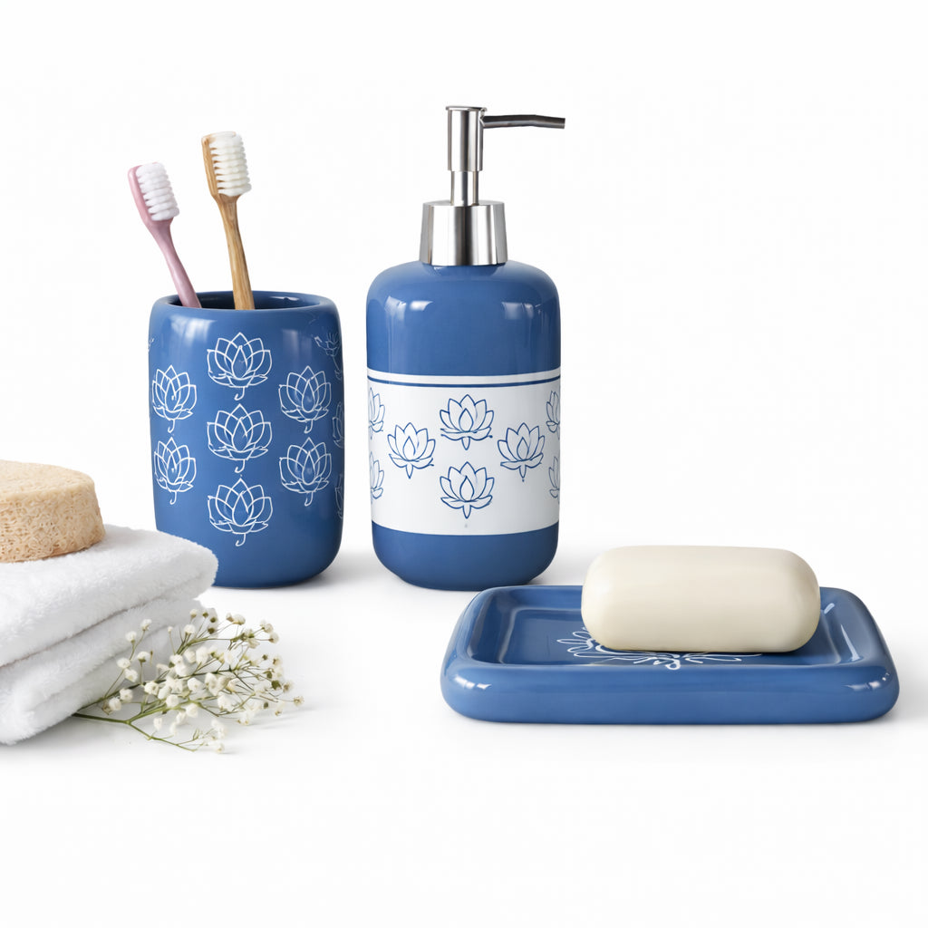 Set Accessori Bagno Ceramica 3 Pezzi Dispenser Sapone Portaspazzolini Blu
