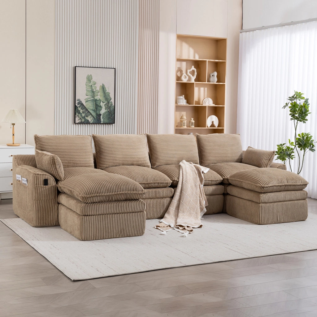 Divano modulare a 4 posti in velluto a coste con 2 pouf, cuscini, tasche laterali e schiuma a 3 strati, khaki