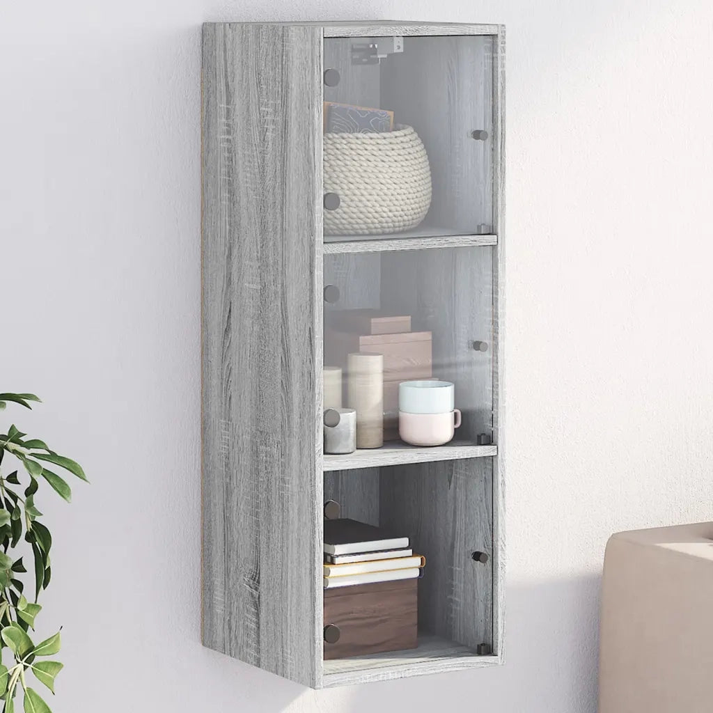 Armadietto a Muro | Mobile a Muro con Ante in Vetro Grigio Sonoma 35x37x100 cm