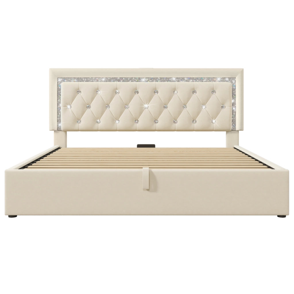 Letto Matrimoniale 140x200 Velluto Beige con Contenitore Idraulico e Testiera LED