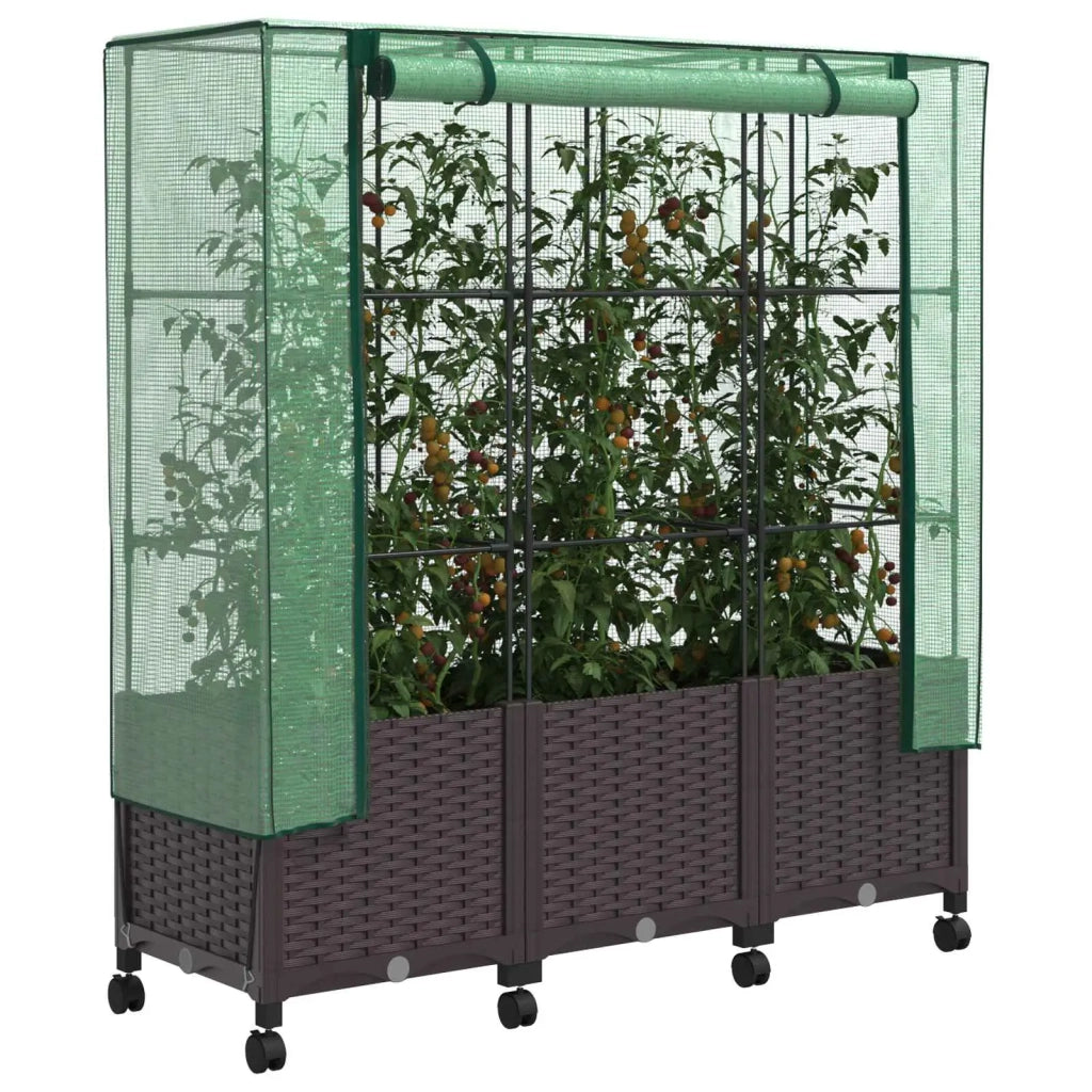 Vaso da Giardino con Copertura per Serra e Ruote 3 pz Marrone 3423066