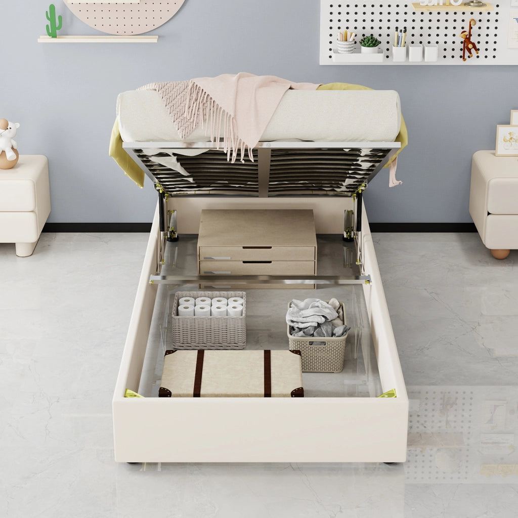 Letto singolo con contenitore pneumatico 90x200 cm; testiera imbottita beige