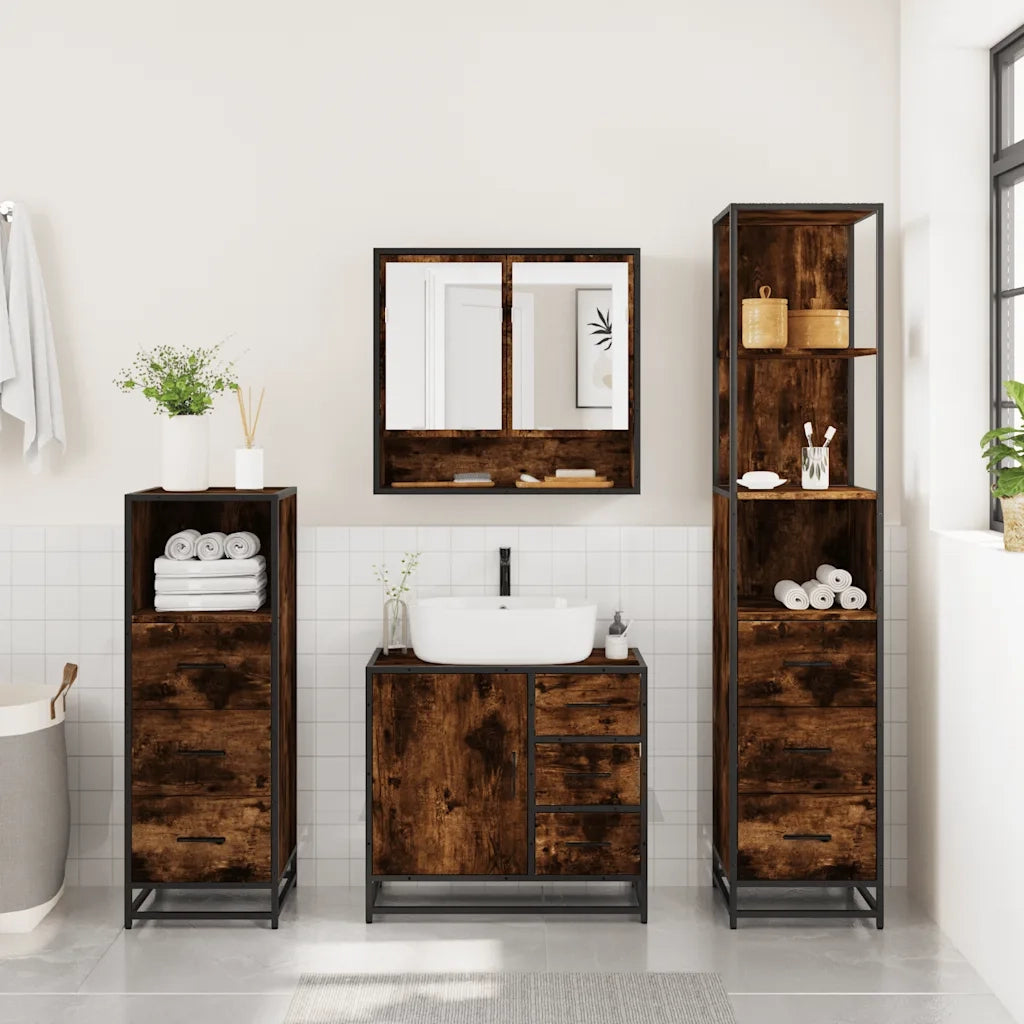 Set Mobili da Bagno 4 pz Rovere Fumo in Legno Multistrato