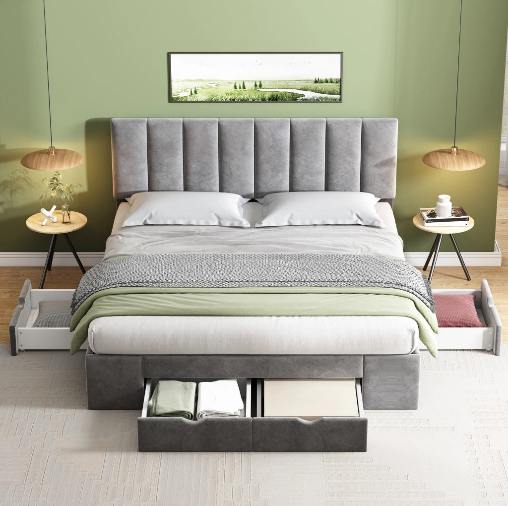 Letto imbottito 160x200 cm in velluto grigio con 4 cassetti