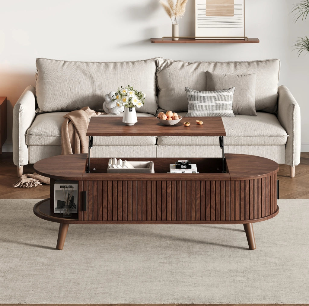 Tavolino da salotto 120x50x39.5 cm regolabile in altezza con vano nascosto in MDF noce