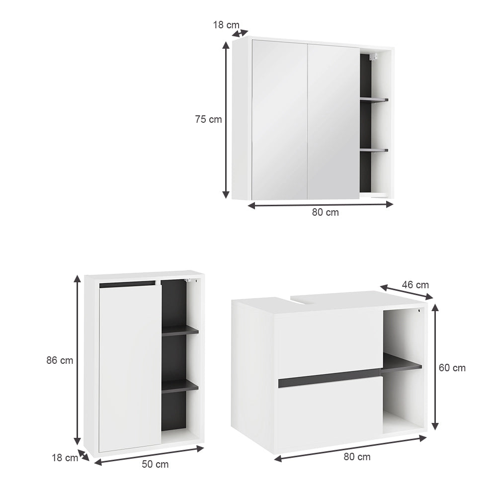 Vicco Set di mobili da bagno Bianco/Grigio 3 parti