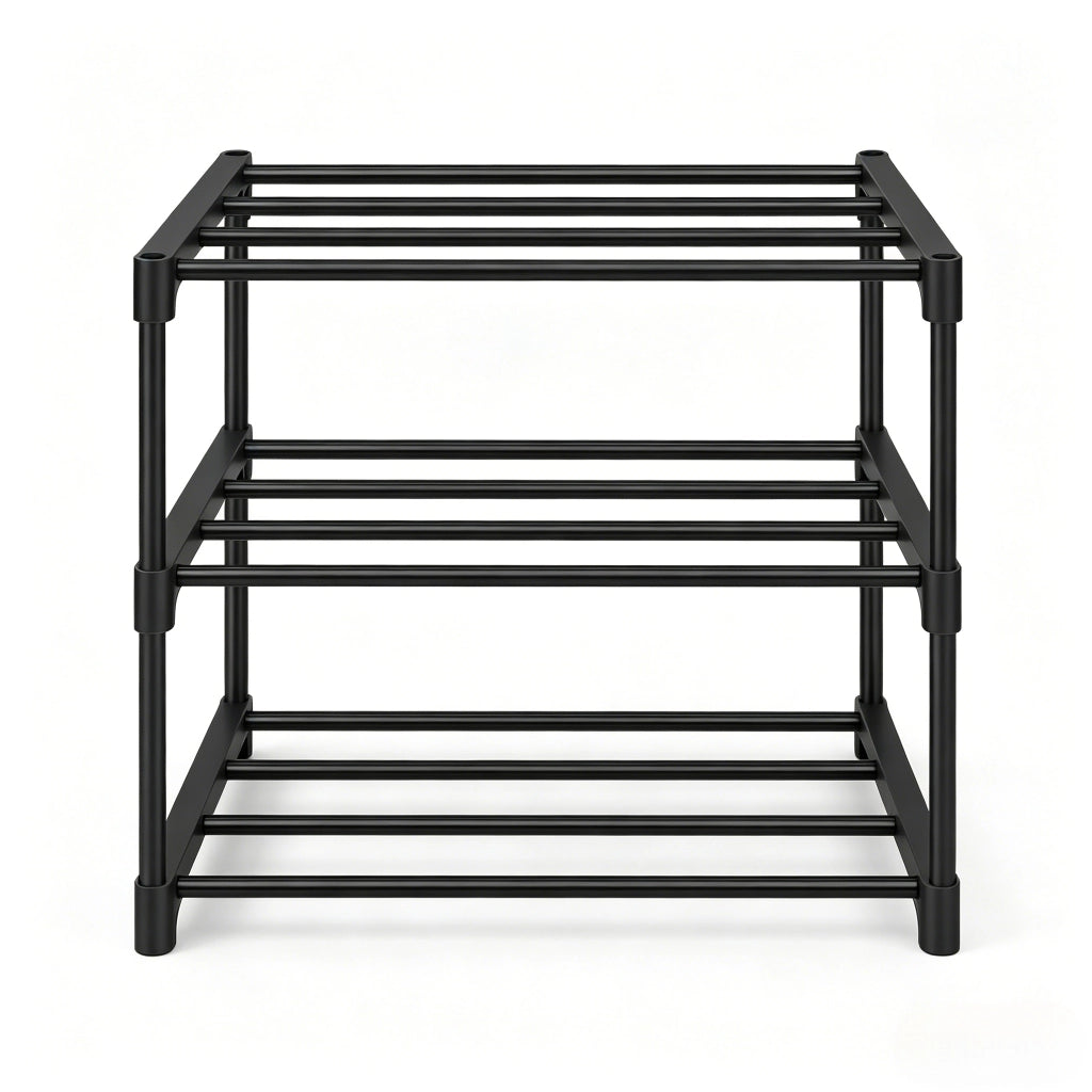 Scarpiera aperta a 3 ripiani con struttura in metallo - per ingresso - 42×30×37 cm - nero