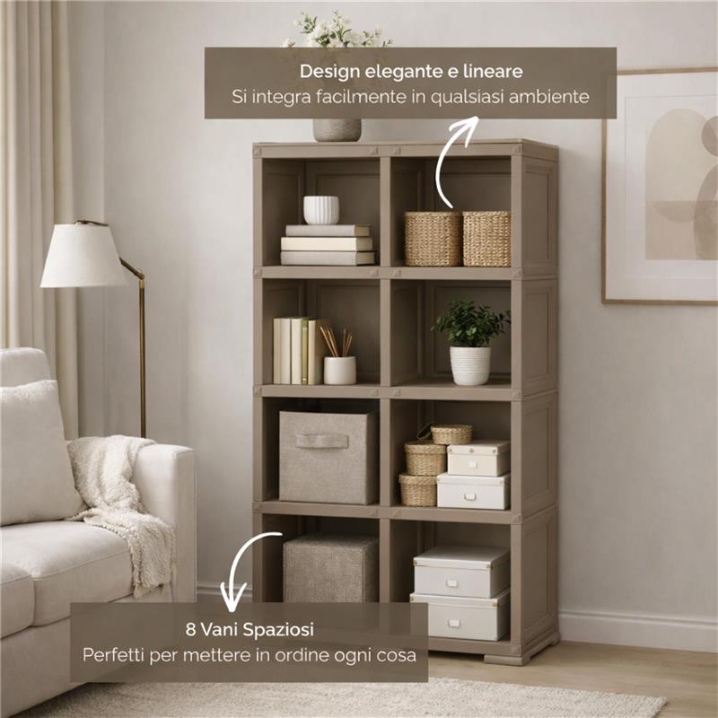 SCAFFALE 4 MODULI TAUPE 79X42,5X164 CM CON 2 PUNTALI – LIBRERIA ALTA CONTENITORE PER ZONA LIVING E STUDIO