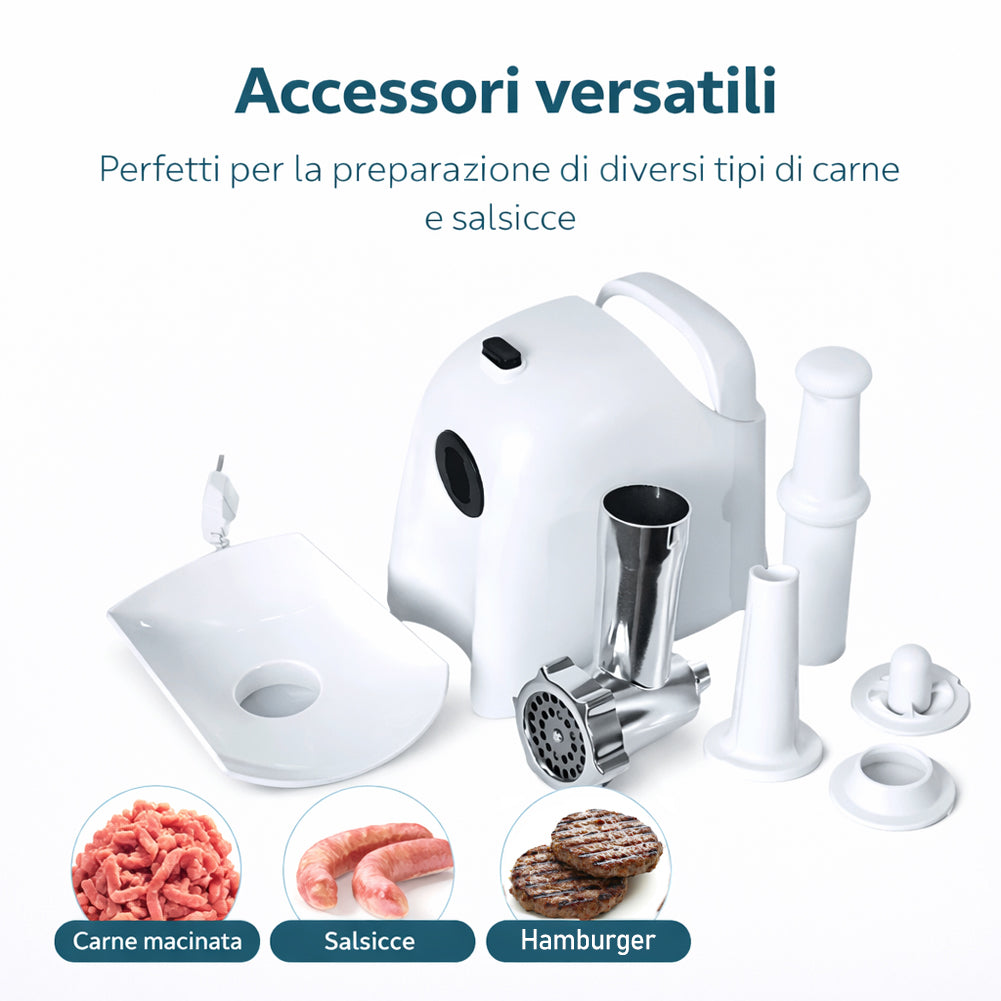 Tritacarne Elettrico Bianco con Lame in Acciaio Inox e Accessori Potenza 1000W