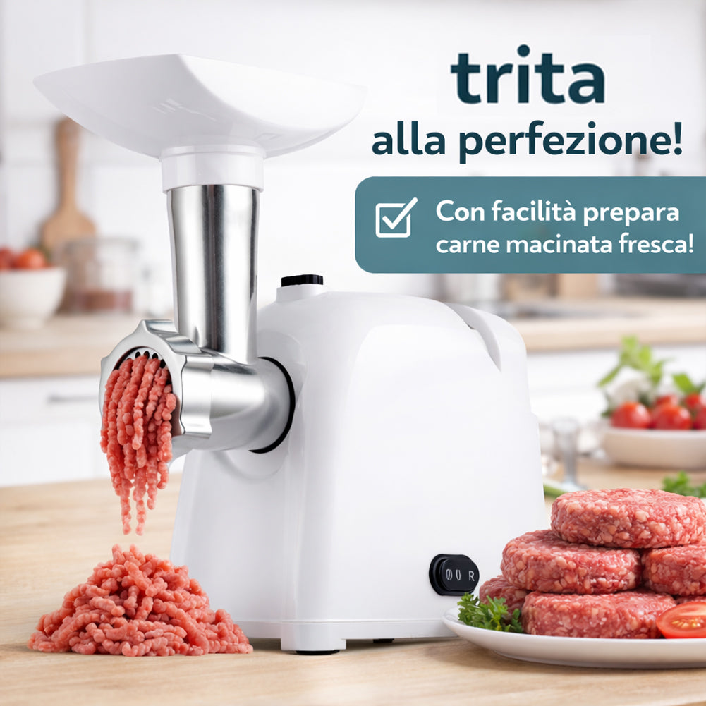 Tritacarne Elettrico Bianco con Lame in Acciaio Inox e Accessori Potenza 1000W