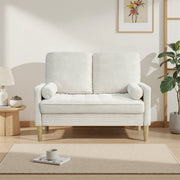 Divano a 2 posti compatto in tessuto a coste con cuscini imbottiti e gambe in legno, stile scandinavo beige