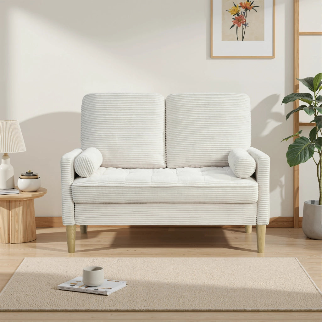 Divano a 2 posti compatto in tessuto a coste con cuscini imbottiti e gambe in legno, stile scandinavo beige