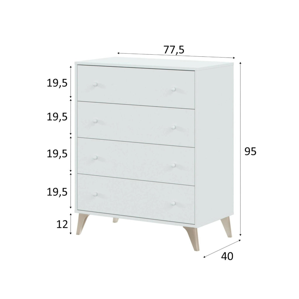 Cassettiera Aquilea, Settimanale a 4 cassetti, Mobile ComÒ² per camera da letto, ComÒ² moderno, cm 78x40h95, Bianco