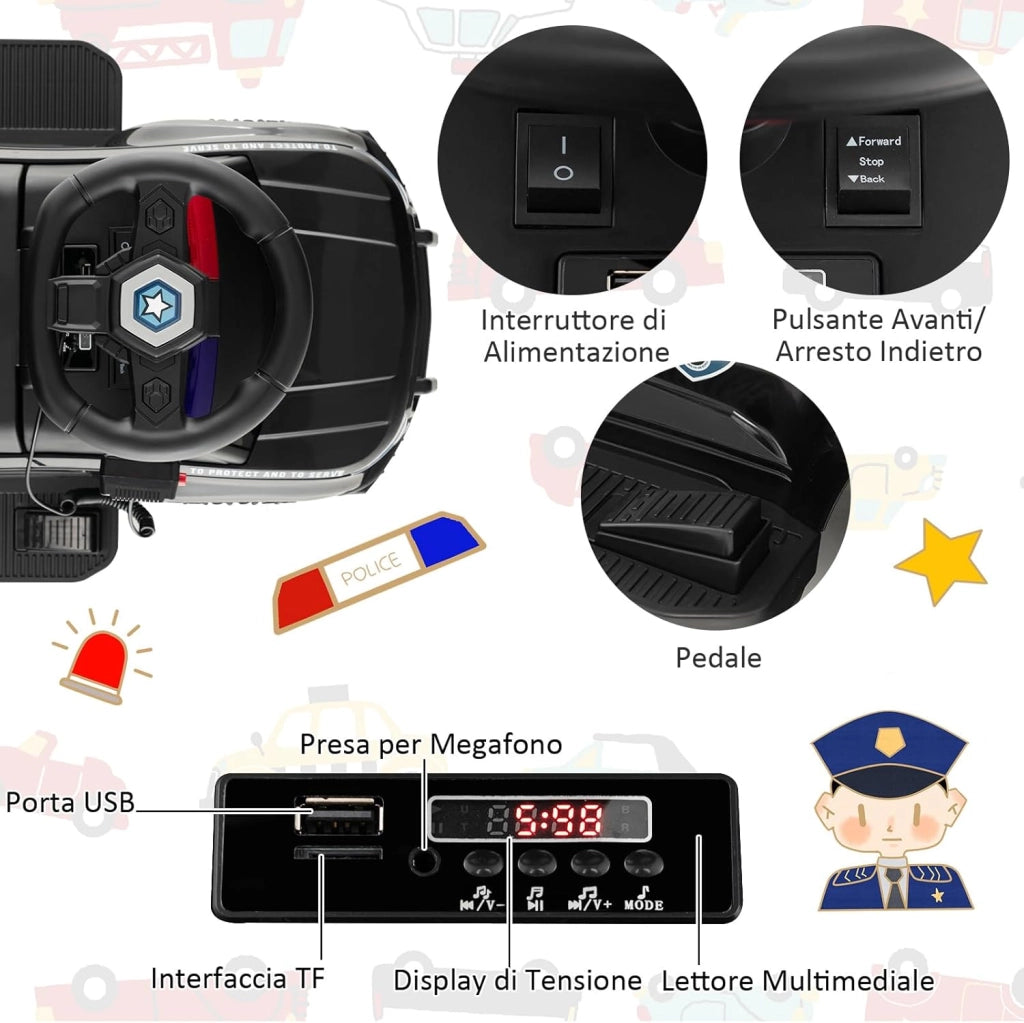 Auto Elettrica per Bambini, Auto della Polizia Giocattolo con Clacson Luce di Avvertimento e Suono della Sirena, Velocità 3 km/h, per Bambini 18-60 Mesi (Nero)