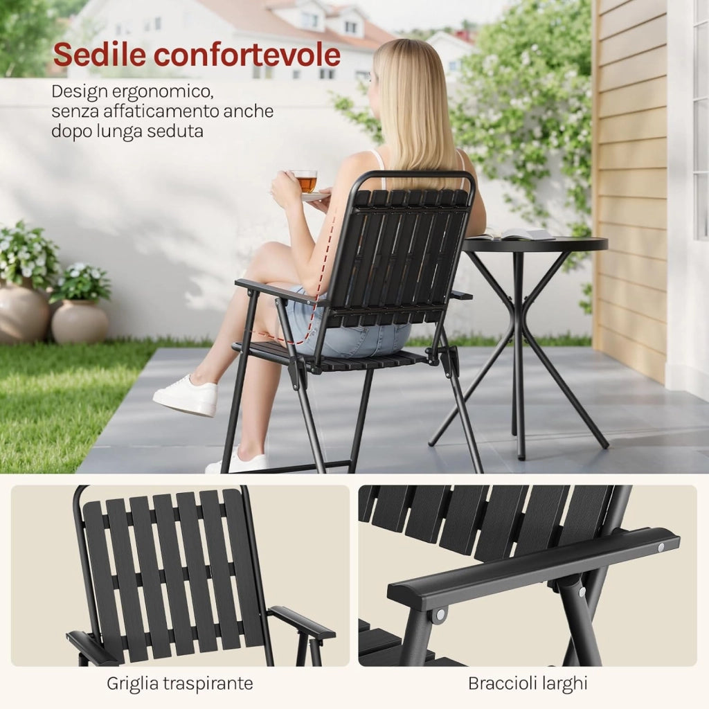 Set di Mobili da Esterno 3 Pezzi, Tavolo con 2 Sedie Pieghevoli, Struttura in Metallo, Resistente alle Intemperie, per Giardino, Terrazza e Balcone, Nero