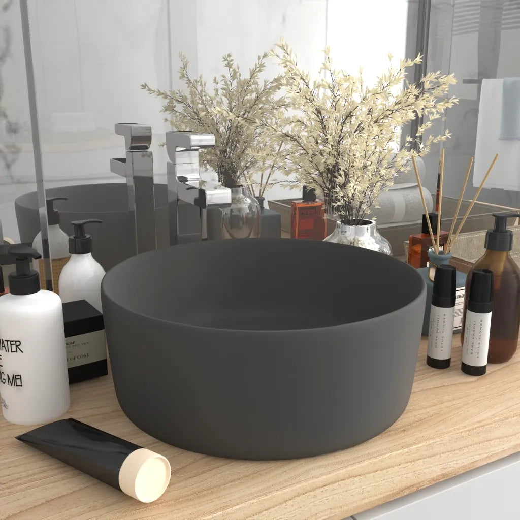 Lavandino Lusso Rotondo Grigio Scuro Opaco 40x15 cm in Ceramica 147016