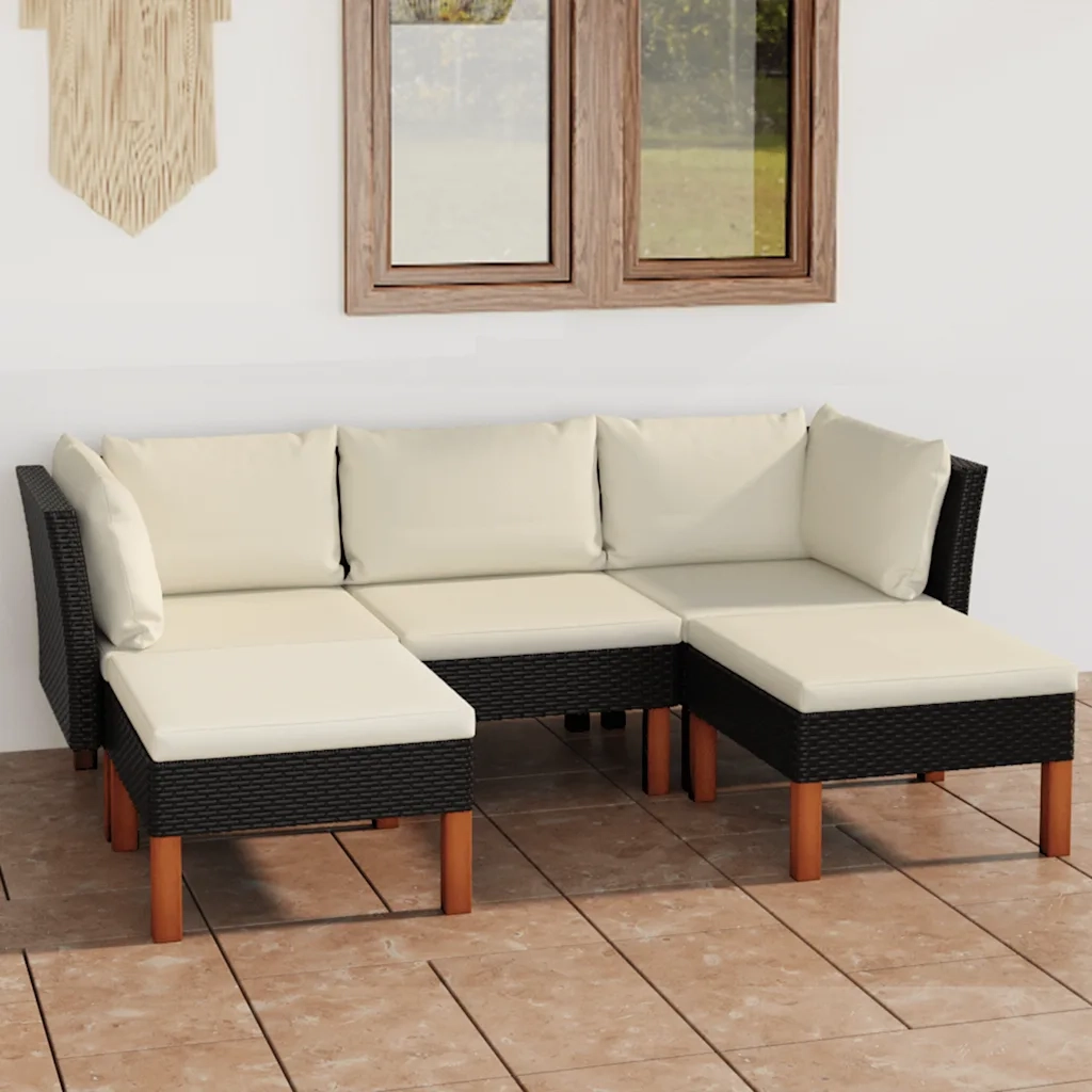 Set Divani da Giardino 5 pz | Set Salotto da Giardino con Cuscini in Polyrattan Nero