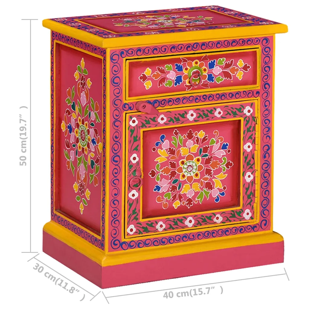Comodino in Legno Massello di Mango Rosa Dipinto a Mano 244835