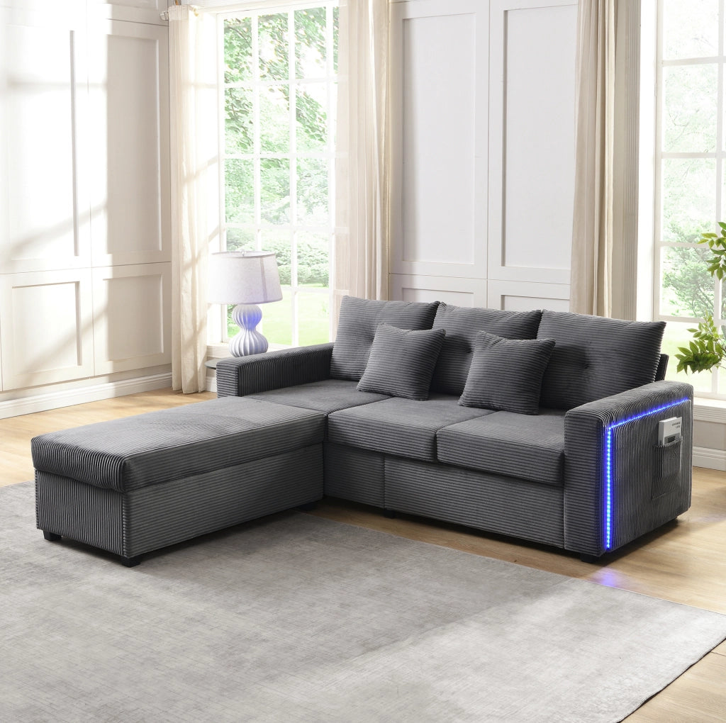Divano modulare a L con illuminazione LED; ottomano multifunzione; in cord; grigio antico