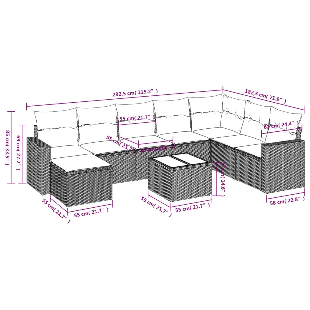 Set Divani da Giardino 9 pz con Cuscini Nero in Polyrattan 3251702