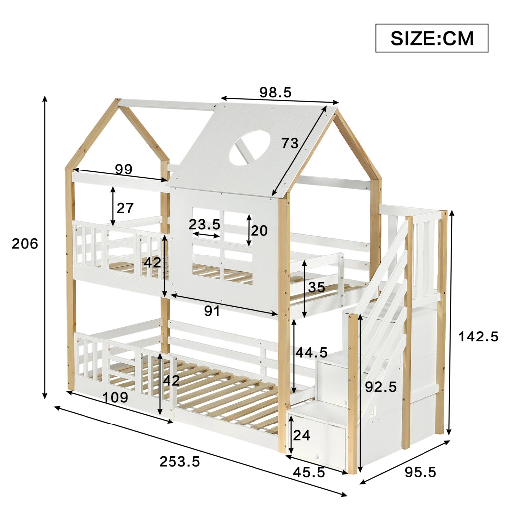 Letto a Castello 90x200 cm; 2 Posti - Scaletta contenitore; Tetto e Finestre - Bianco Naturale