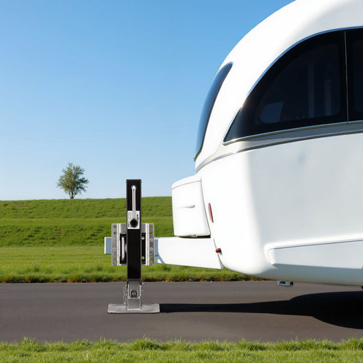 Piede stabilizzatore per rimorchi roulotte, max 900 kg, regolabile in altezza con manovella, con pedale e perno di sicurezza