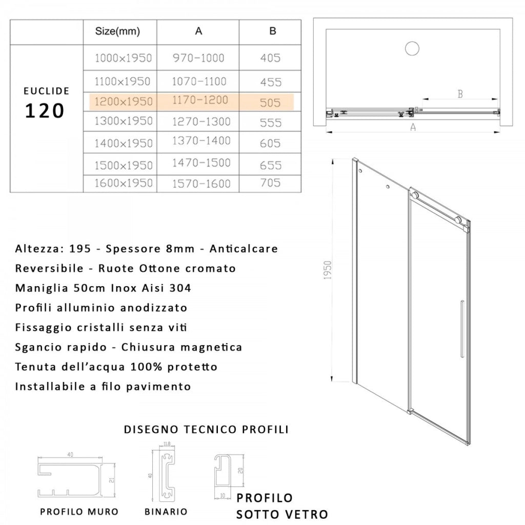 Porta doccia scorrevole fumè anticalcare 195h 8mm euclide, misura 120