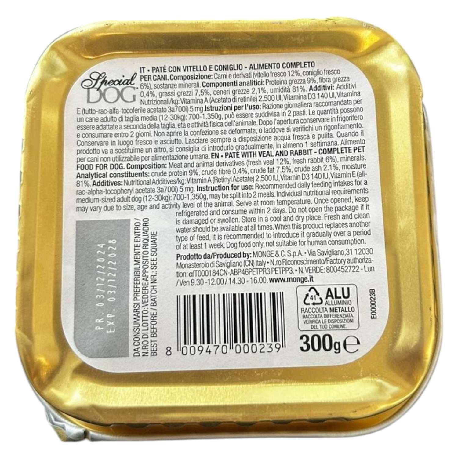 PATE' PER CANI VITELLO E CONIGLIO SPECIAL DOG 300G