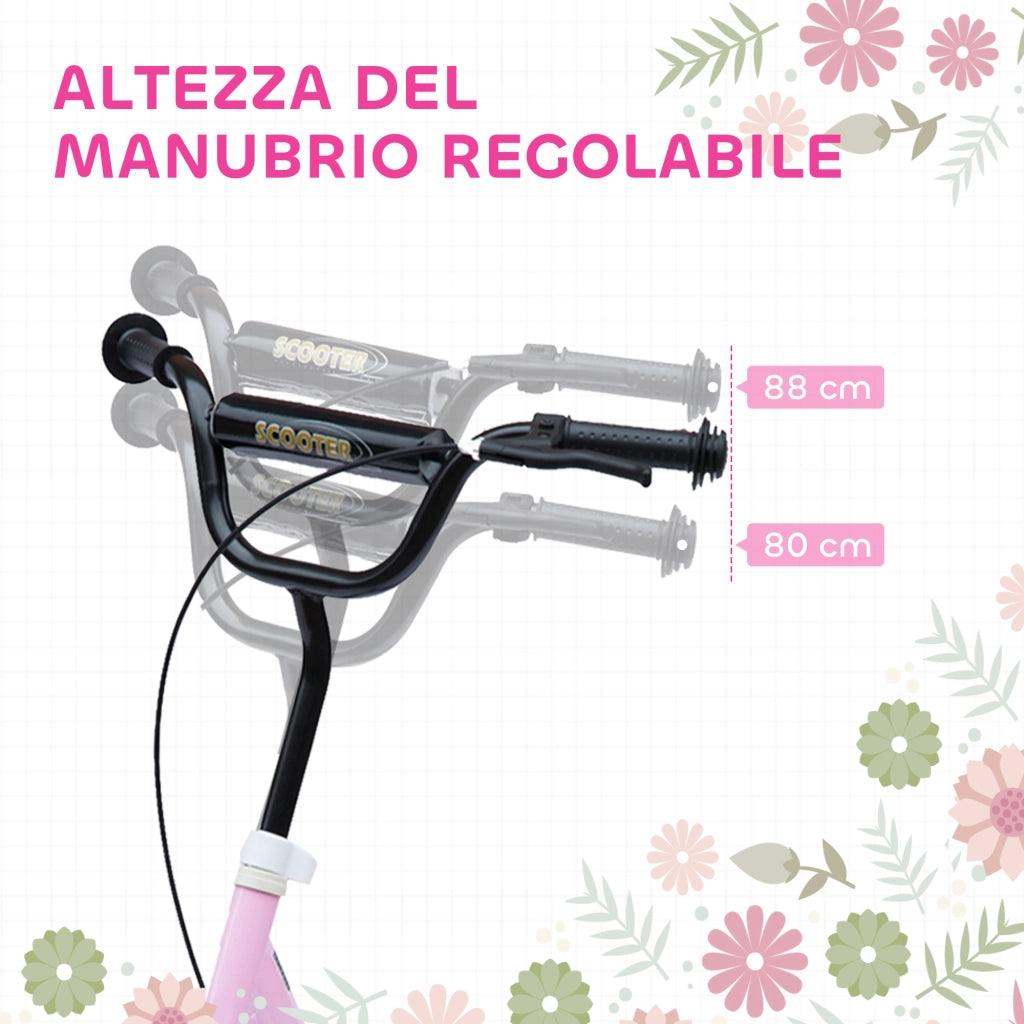 Monopattino per Bambini 5-12 Anni 120x52x80-88 cm Supporta fino a 50 kg Telaio in Acciaio Rosa