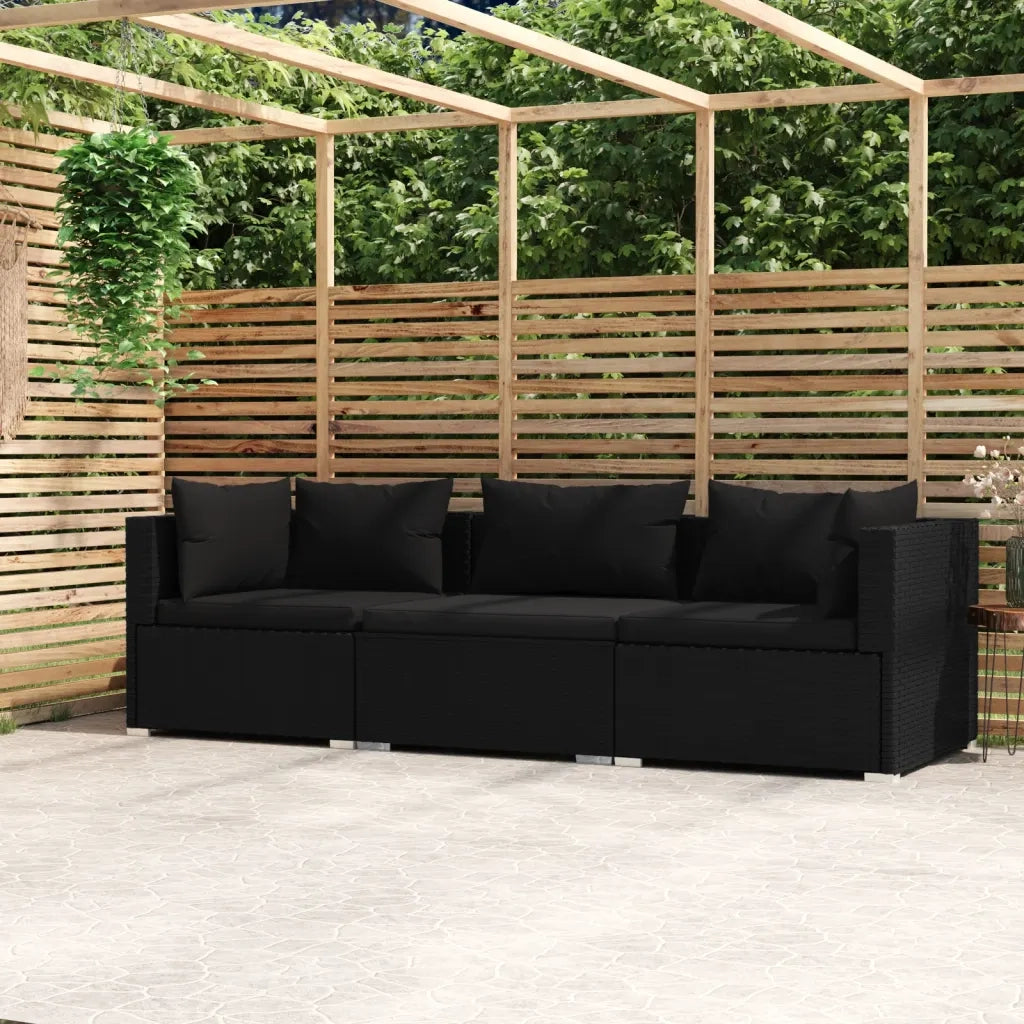 Divano a 3 Posti con Cuscini in Polyrattan Nero cod mxl 37421