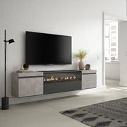 Mobile TV, 200x35x45cm, soggiorno, Per TV fino a 80", Camino elettrico, da appendere, grigio cemento RF2243